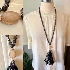 Long Tassel Druzy Natural Stone Necklace beads Gray Black taupe